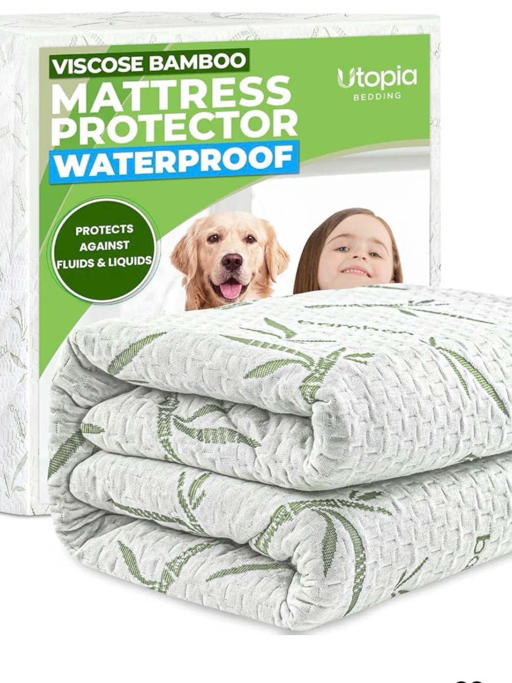 Waterproof Viscose Bamboo Mattress Protector - White with Green